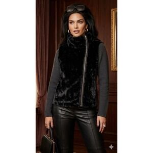 LOFT Faux Fur Jacket Womens XL Black Gray Zip Up Fleece Coat Soft Cozy Mob Wife